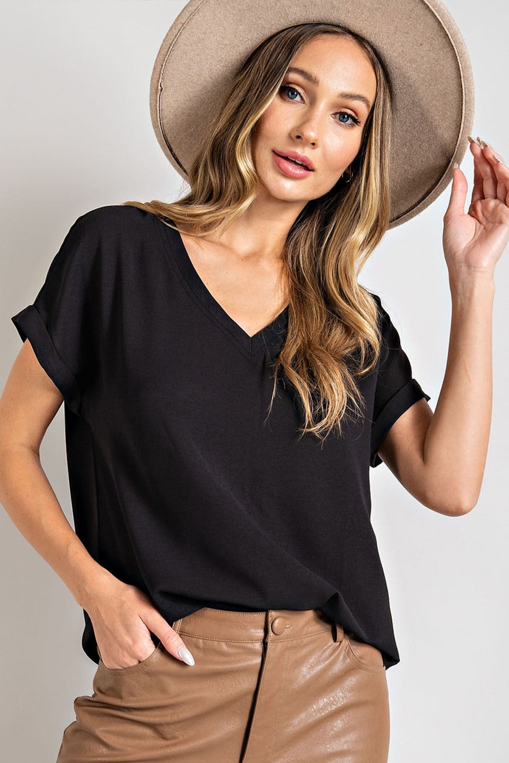 black Basic V-Neck Top