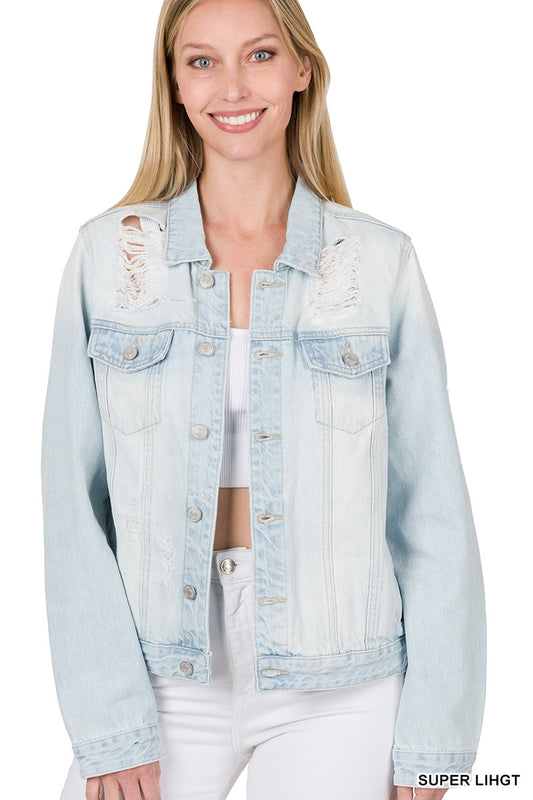 DISTRESSED DENIM JACKET | ZENANA - LA PREORDER (1122)