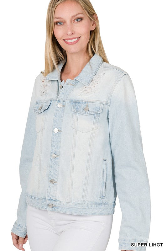 DISTRESSED DENIM JACKET | ZENANA - LA PREORDER (1122)