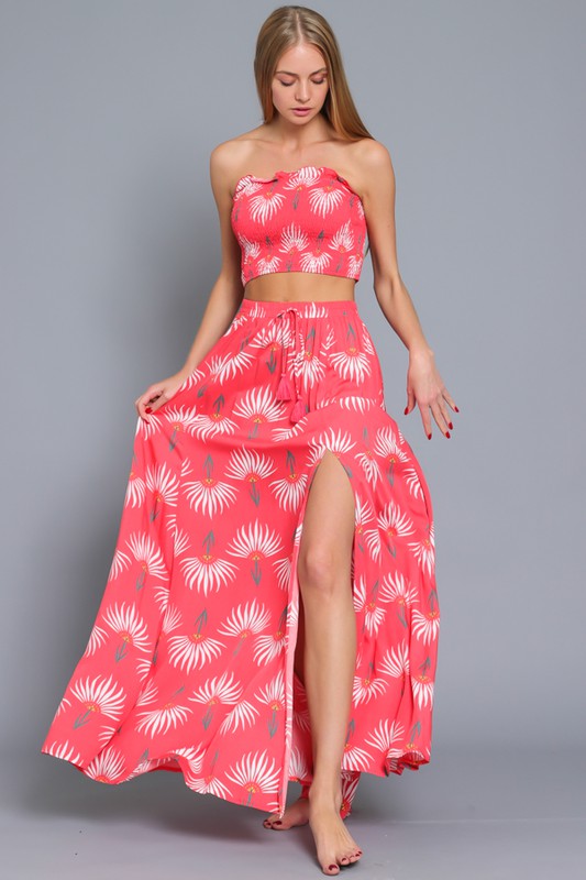 SMOCKED TUBE TOP AND HIGH WAISTED MAXI SKIRT SET