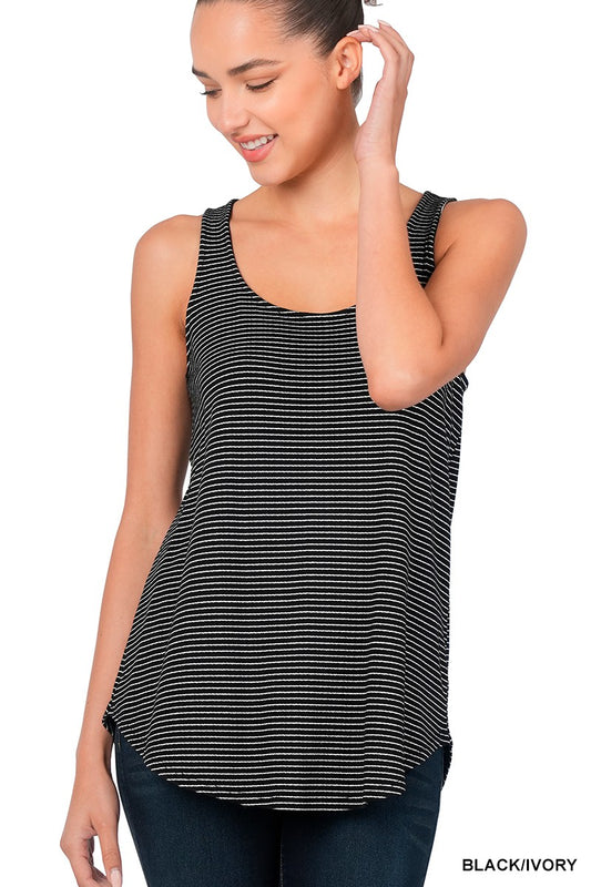 STRIPE SLEEVELESS ROUND NECK ROUND HEM TOP | ZENANA - LA PREORDER (1122)