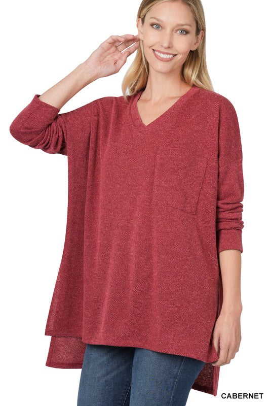 MELANGE JACQUARD V-NECK HI-LOW HEM TOP | ZENANA - FINAL SALE*