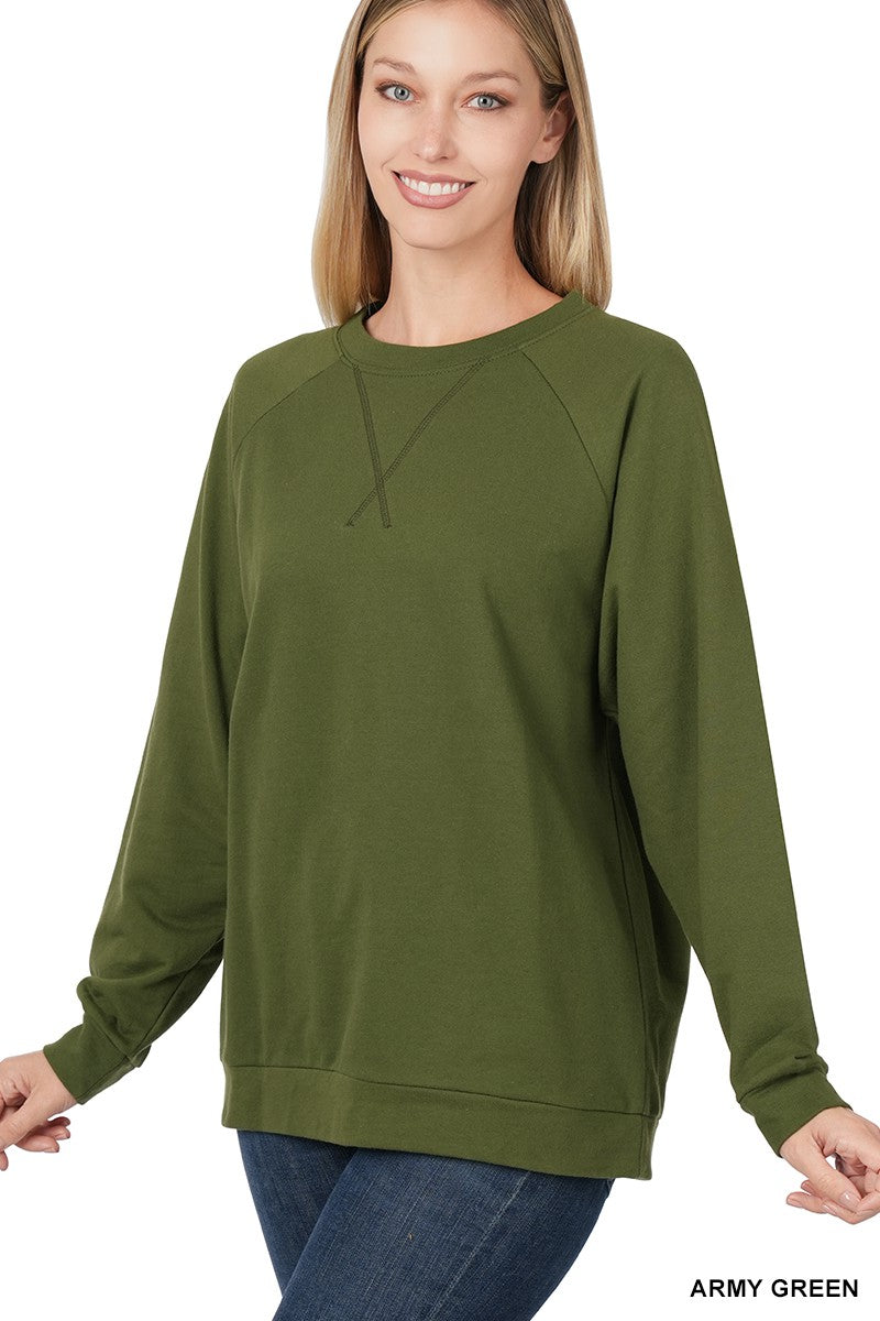 FRENCH TERRY RAGLAN SLEEVE ROUND NECK PULLOVER | Zenana - LA PREORDER (1111)