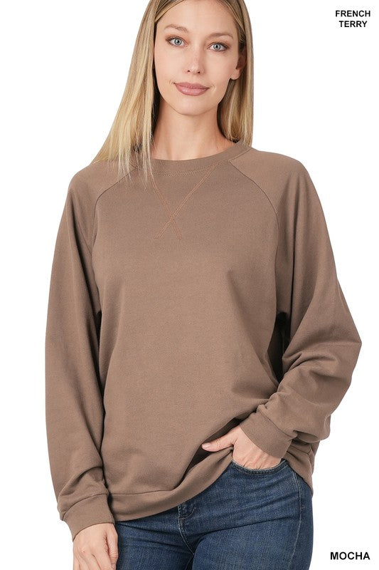 FRENCH TERRY RAGLAN SLEEVE ROUND NECK PULLOVER | Zenana - LA PREORDER (1111)