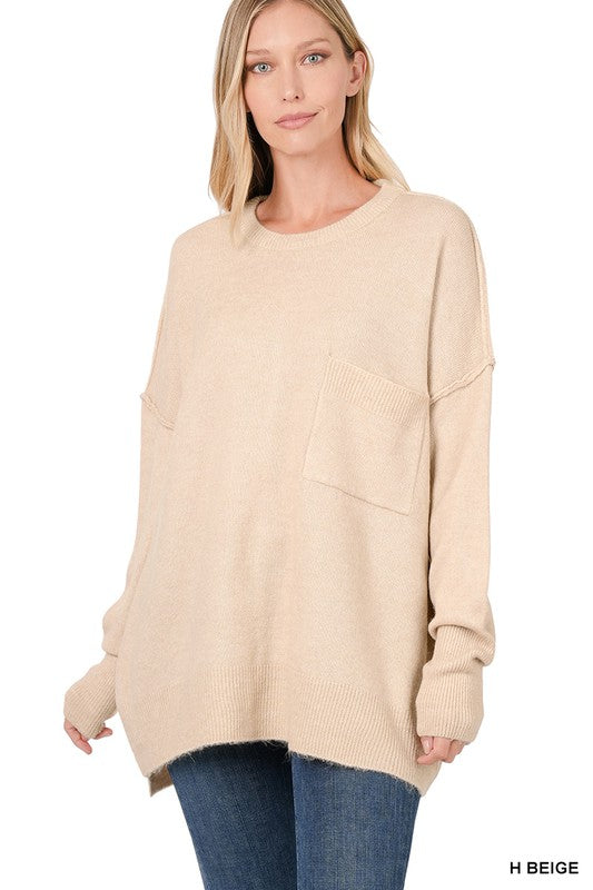 MELANGE HI-LOW HEM POCKET SWEATER | ZENANA - LA PREORDER (1122)