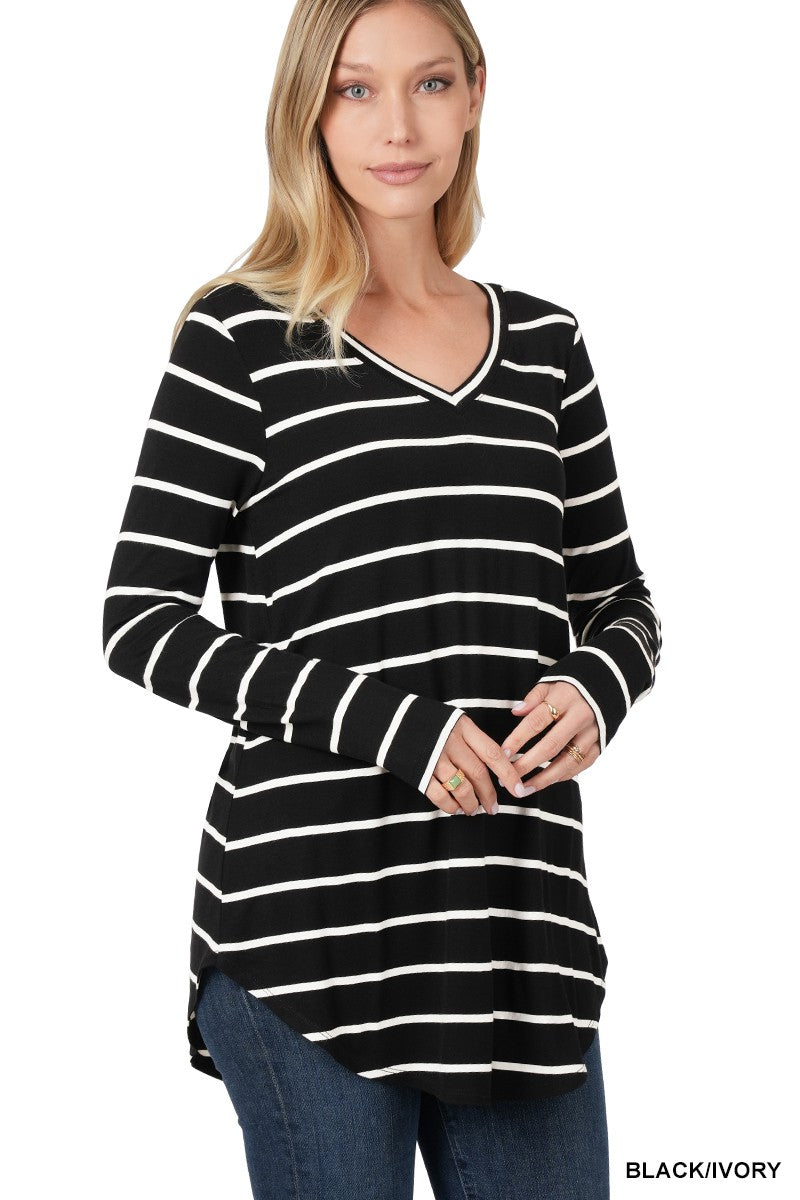 STRIPED V-NECK DOLPHIN HEM TOP | ZENANA - LA PREORDER (1111)