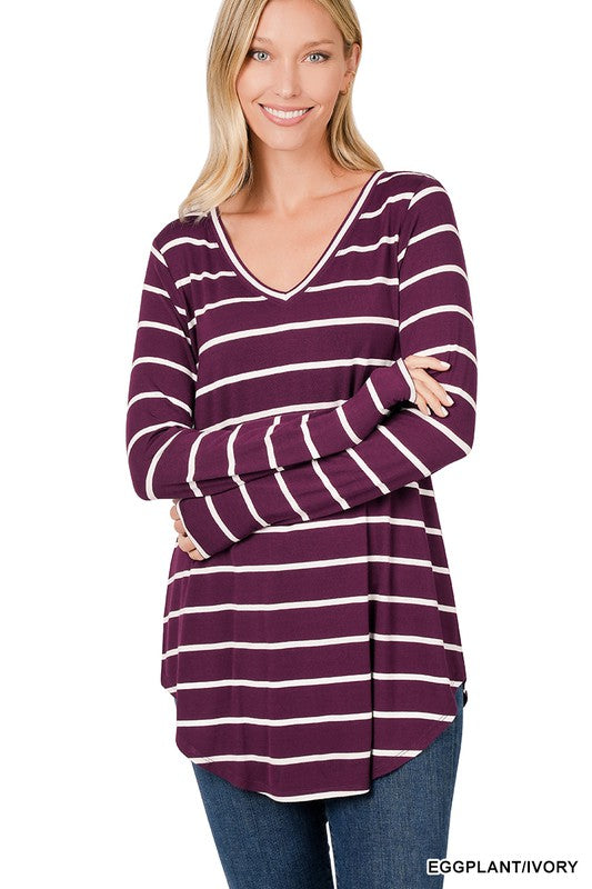 STRIPED V-NECK DOLPHIN HEM TOP | ZENANA - LA PREORDER (1111)