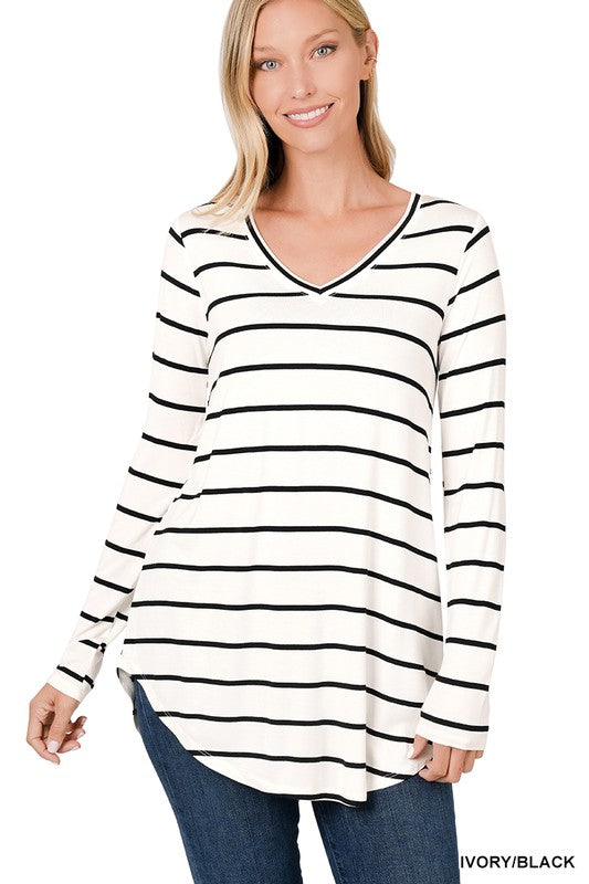 STRIPED V-NECK DOLPHIN HEM TOP | ZENANA - LA PREORDER (1111)