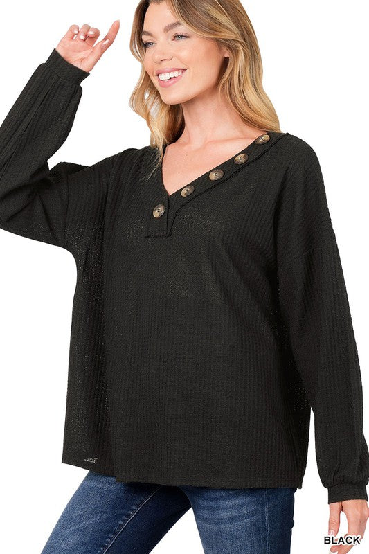 BRUSHED WAFFLE V-NECK BUTTON DETAIL SWEATER | ZENANA - Final Sale*