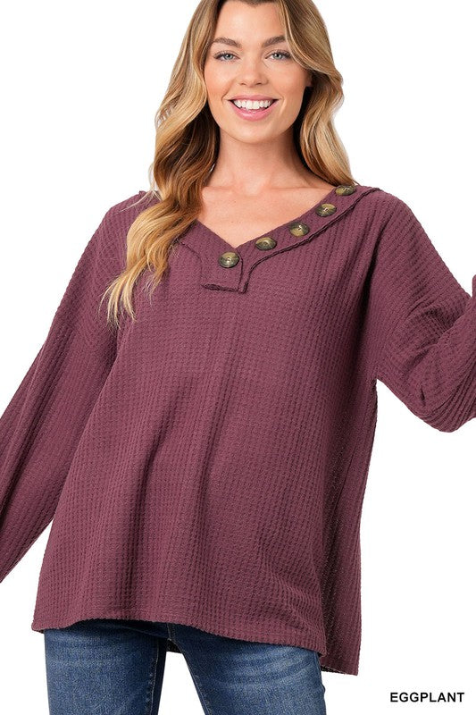 BRUSHED WAFFLE V-NECK BUTTON DETAIL SWEATER | ZENANA - Final Sale*