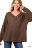 BRUSHED WAFFLE V-NECK BUTTON DETAIL SWEATER | ZENANA - Final Sale*