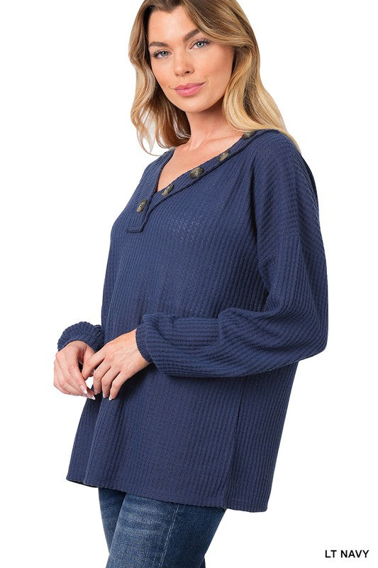 BRUSHED WAFFLE V-NECK BUTTON DETAIL SWEATER | ZENANA - Final Sale*