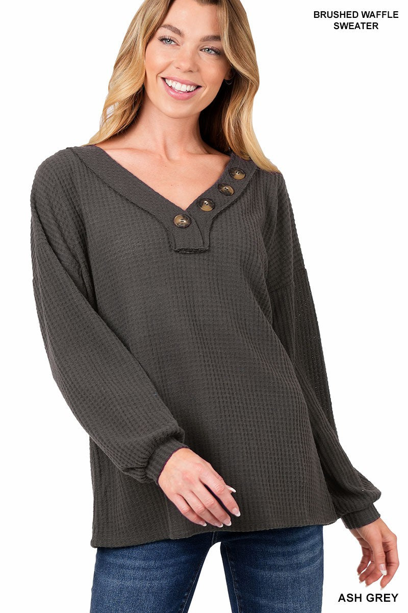 BRUSHED WAFFLE V-NECK BUTTON DETAIL SWEATER | ZENANA - Final Sale*