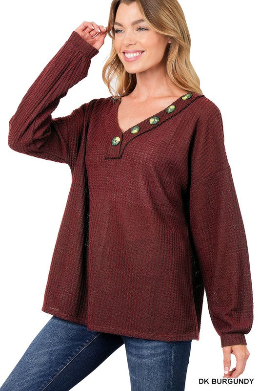 BRUSHED WAFFLE V-NECK BUTTON DETAIL SWEATER | ZENANA - Final Sale*