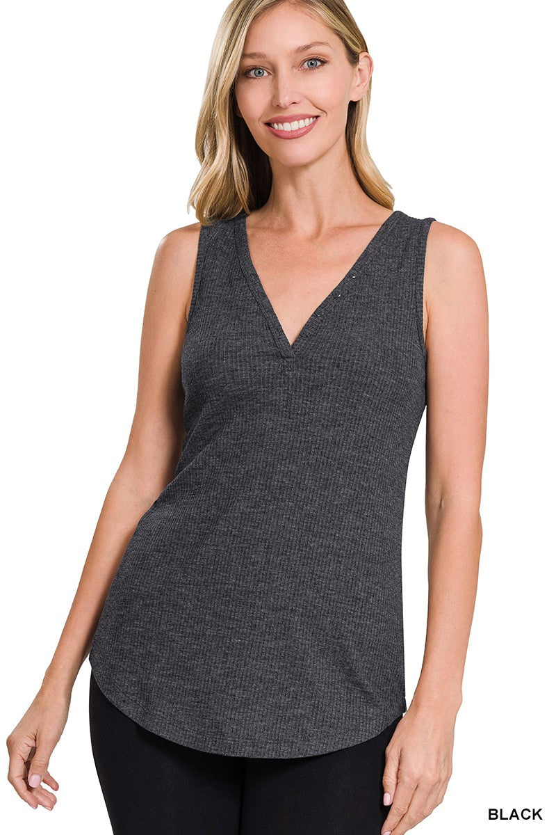 Melange Ribbed Button Closure V-Neck Top - Final Sale