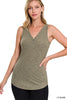 LT OLIVE MELANGE RIBBED BUTTON CLOSURE V-NECK TOP