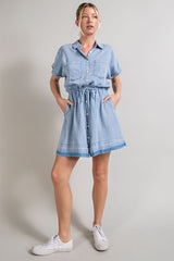 MINERAL WASHED TIE FRONT MINI DRESS