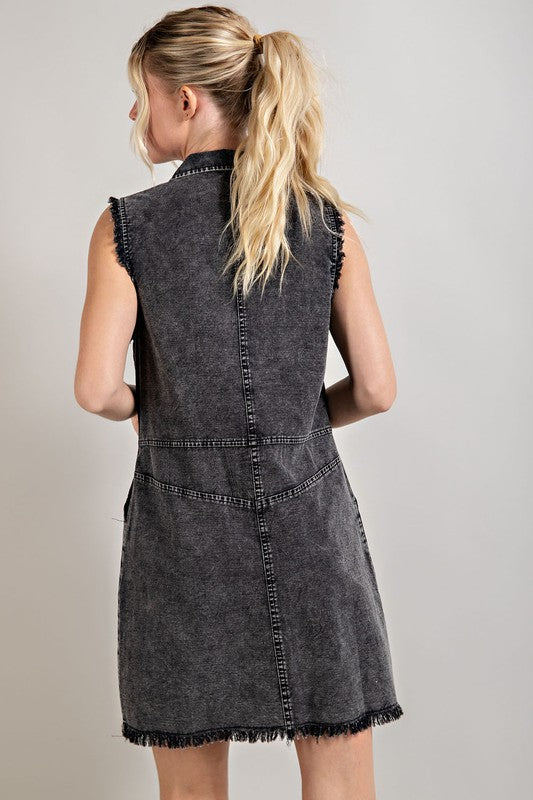 Ash Black Mineral Wash Denim Sleeveless Mini Dress 