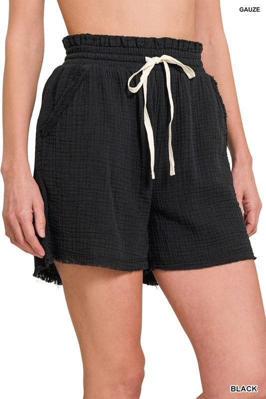 BLACK GAUZE ELASTICBAND DRAWSTRING WAIST SHORTS POCKET