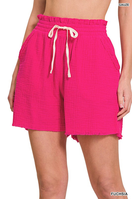 FUCHSIA GAUZE ELASTICBAND DRAWSTRING WAIST SHORTS POCKET