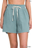 BLUE GREY GAUZE ELASTICBAND DRAWSTRING WAIST SHORTS POCKET