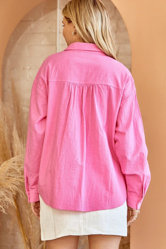 Bubble Pink Cotton Button Down Shirt Top