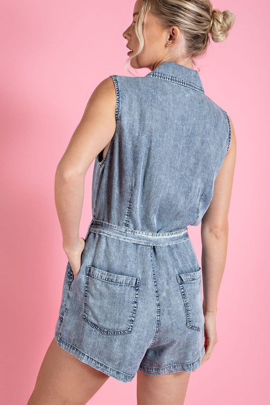 MINERAL WASHED TIE WAIST ROMPER