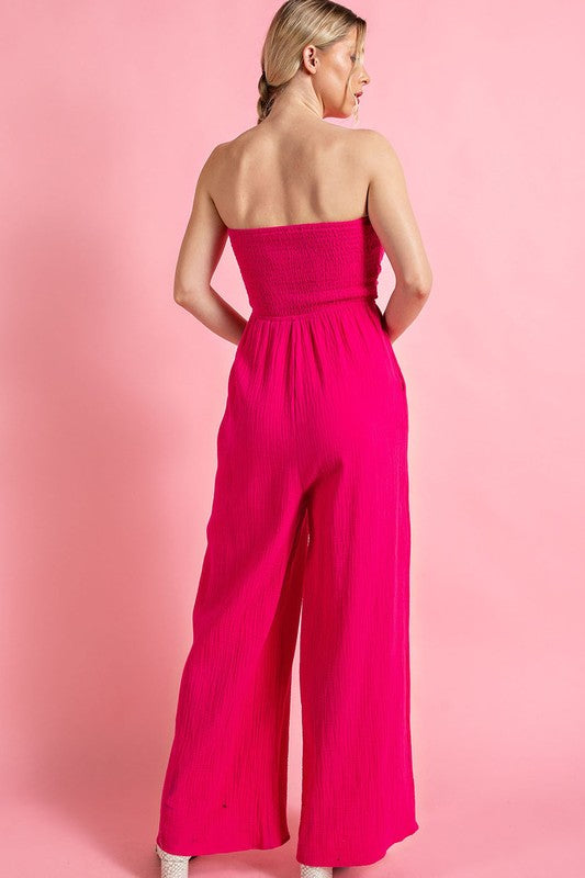 HOT PINK SOFT WASHED OPEN SHOULDER SMOCKED JUMPSUIT