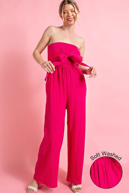 HOT PINK SOFT WASHED OPEN SHOULDER SMOCKED JUMPSUIT