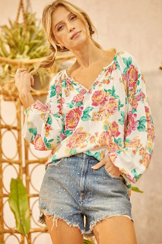 Classic Floral Blouse With Balloon Sleeves