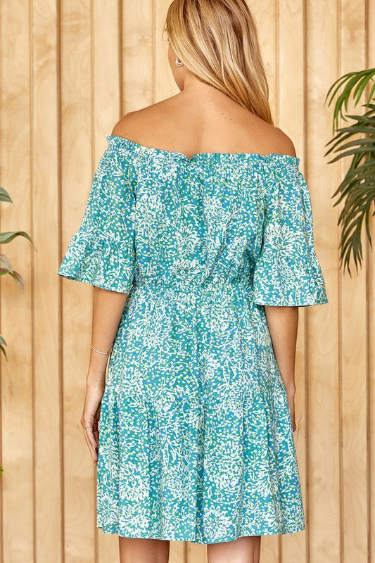 Aqua Off Shoulder Mini Dress 