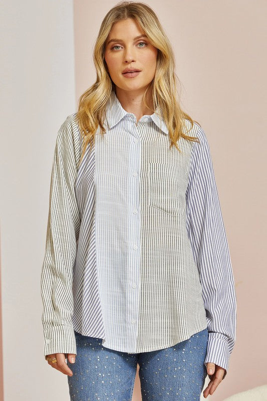 Colorblock Striped Button Down Blouse 