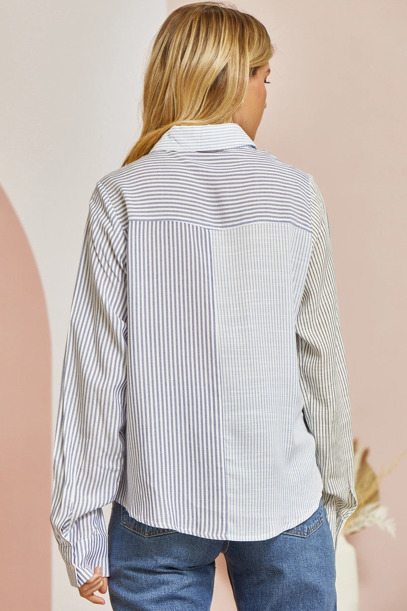 Colorblock Striped Button Down Blouse 