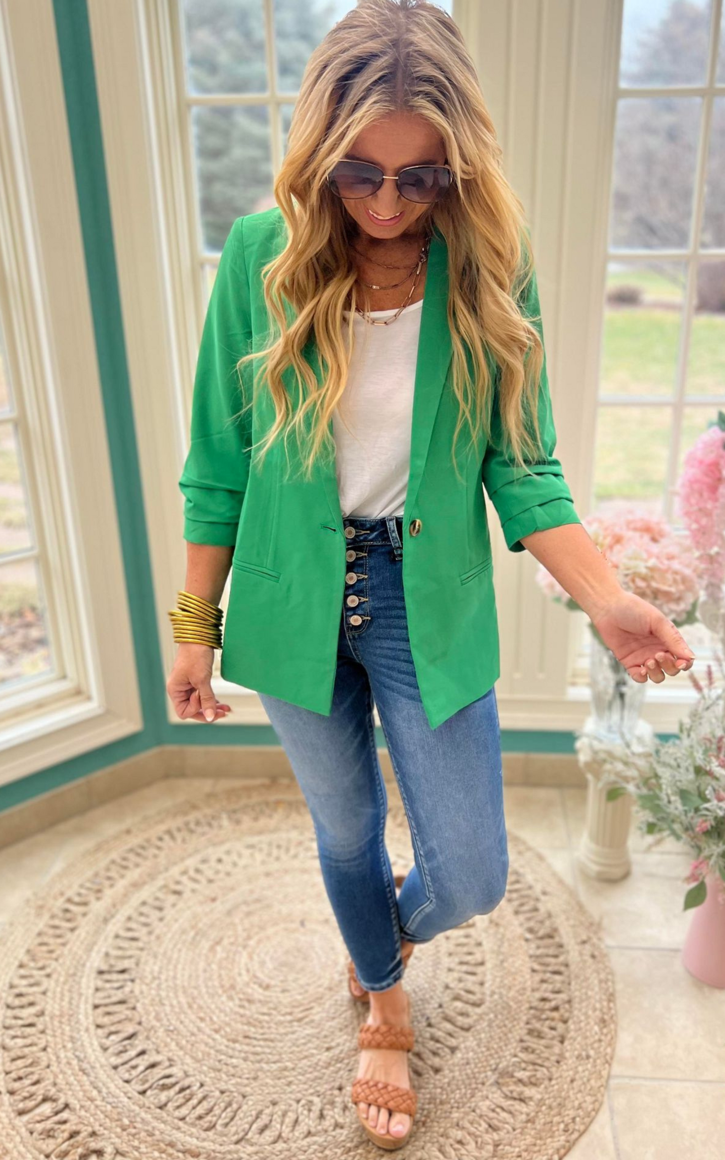 KELLY GREEN FOLDED SLEEVES BLAZER JACKET