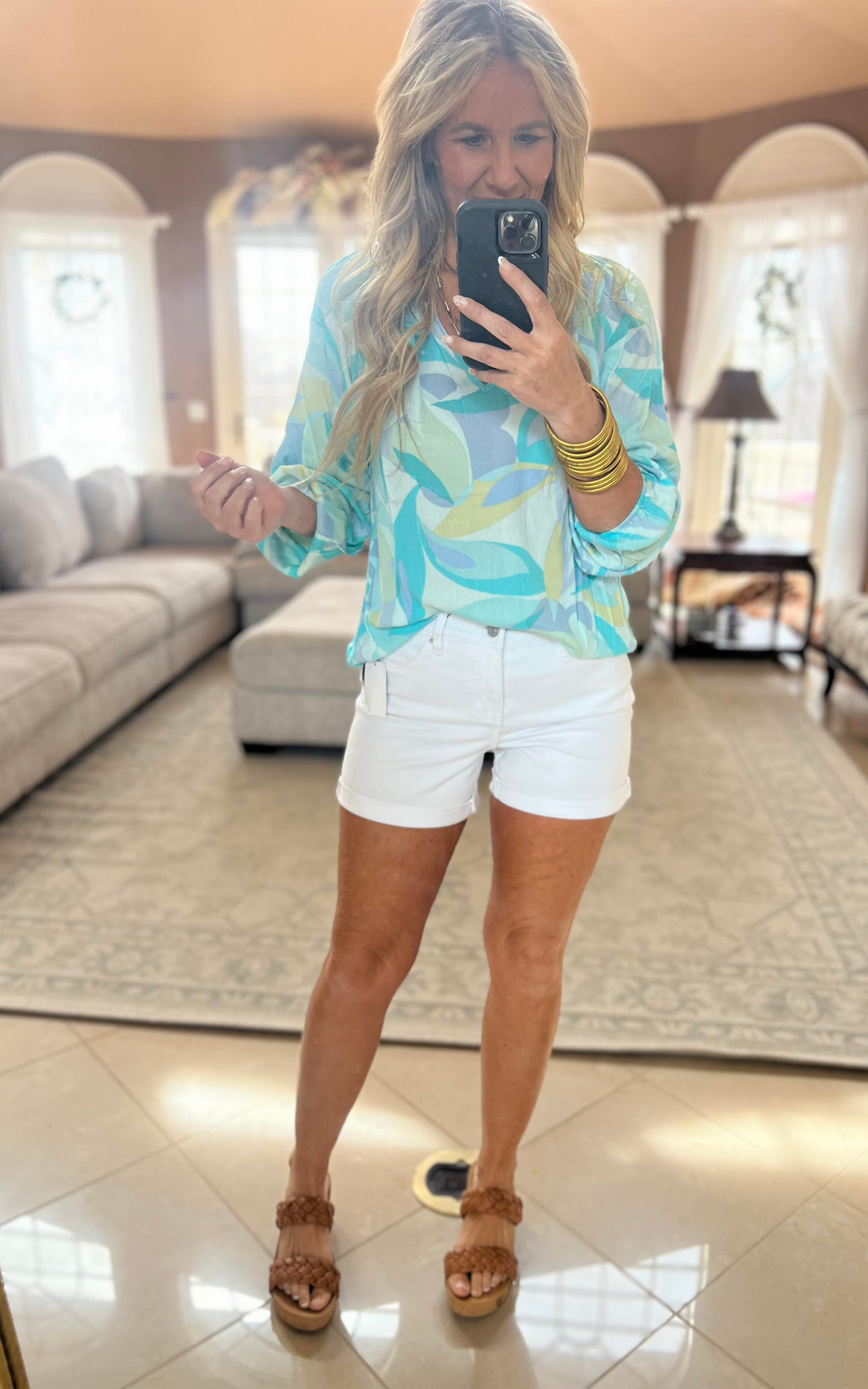 Aqua Abstract Floral Print Top 