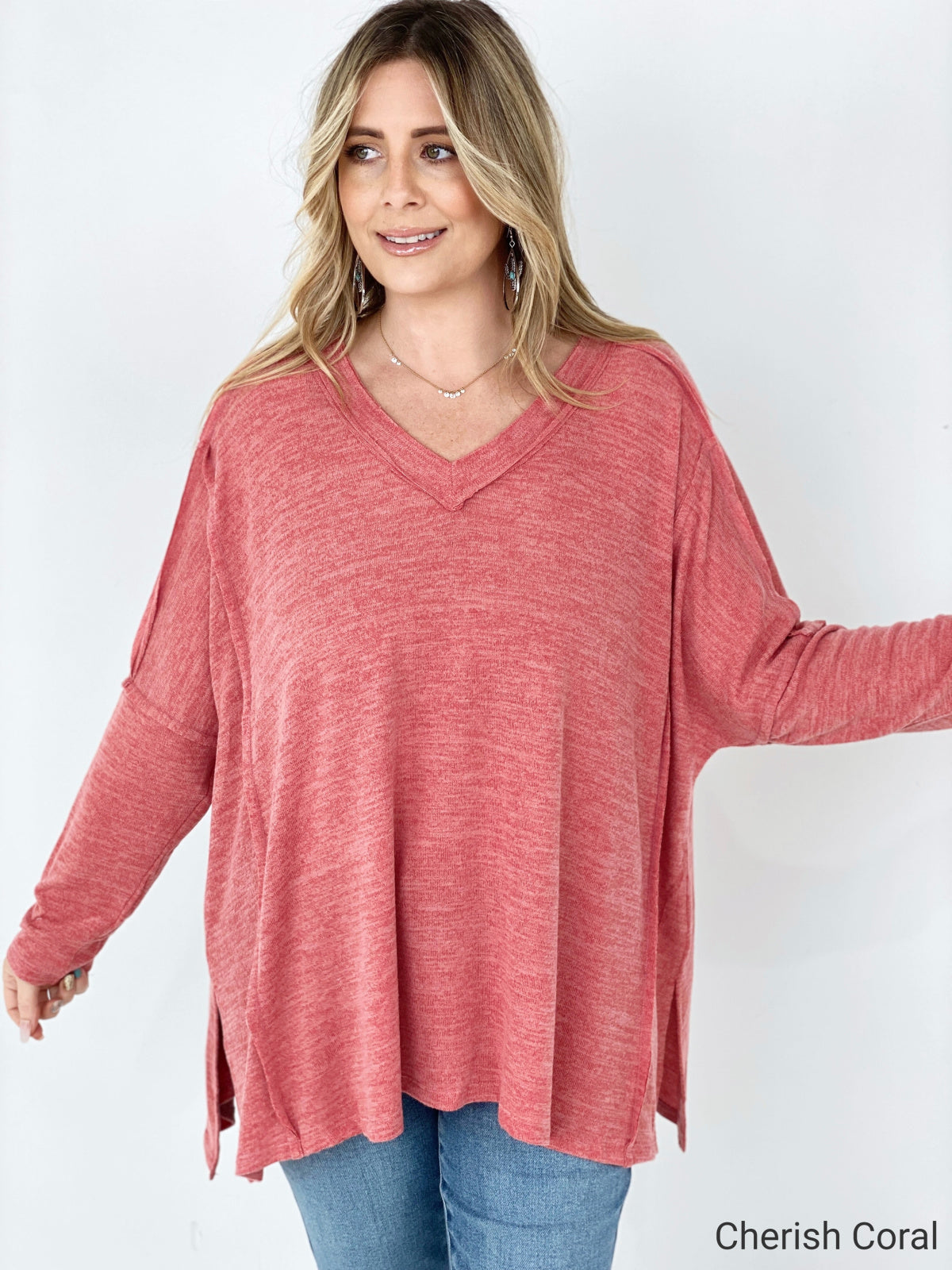 Easel "Easy Breezy V-Neck" Solid Long Sleeve Oversized Top