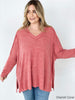 Easel "Easy Breezy V-Neck" Solid Long Sleeve Oversized Top