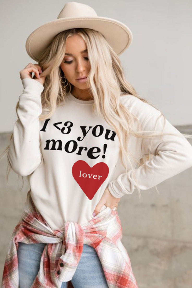 Beige I Love You More Valentines Heart Print Sweatshirt