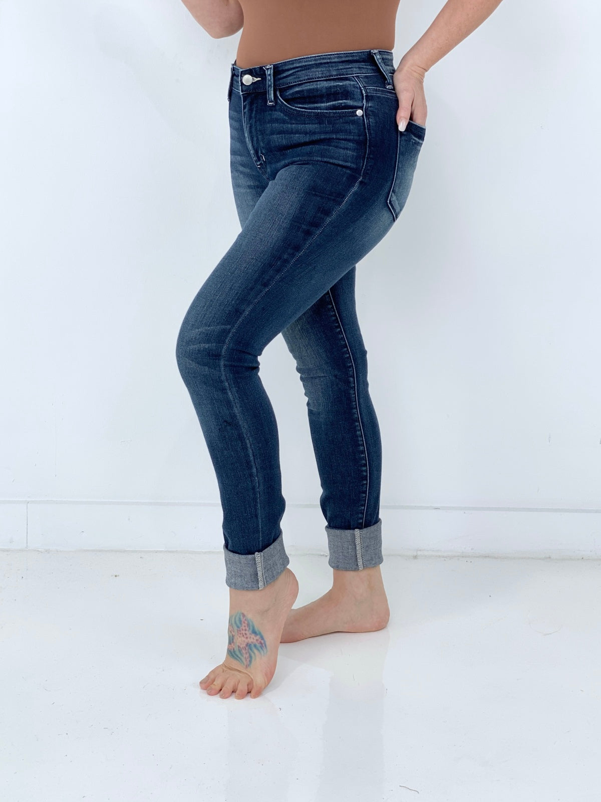 "Olivia" Mid-Rise Long Inseam Pin Tack Skinny Jeans