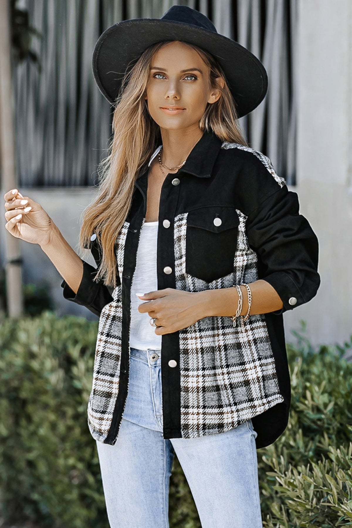 Black Christmas Pattern Plaid Splicing Denim Jacket