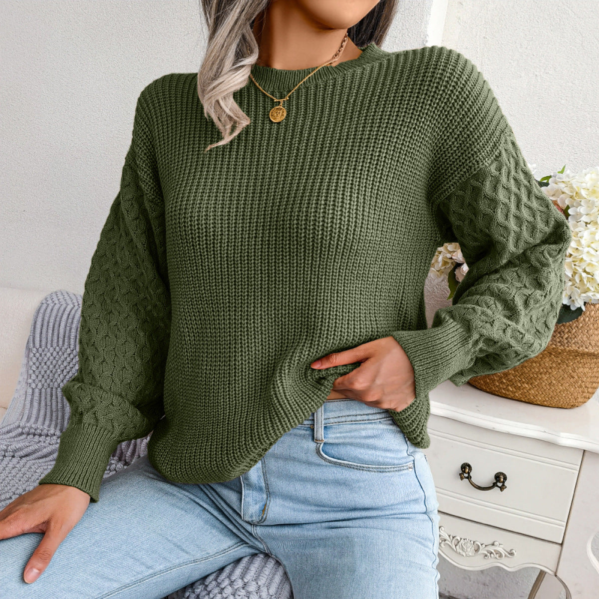 Solid Cable Knit Sleeve Round Neck Sweater