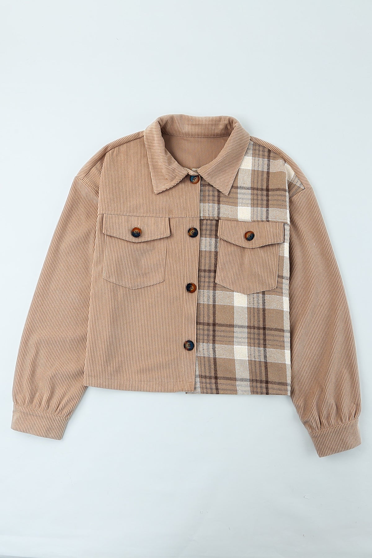 Khaki Plaid Patchwork Corduroy Cropped Jacket