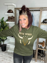 wild spirit bullskull heather army olive long sleeve unisex sweatshirt