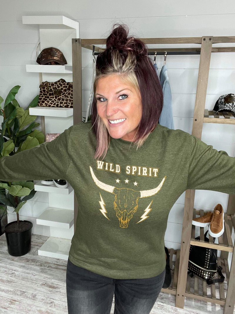 wild spirit bullskull heather army olive long sleeve unisex sweatshirt
