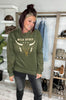 long sleeve olive unisex sweatshirt with the graphic Wild Spirit and bull skull image