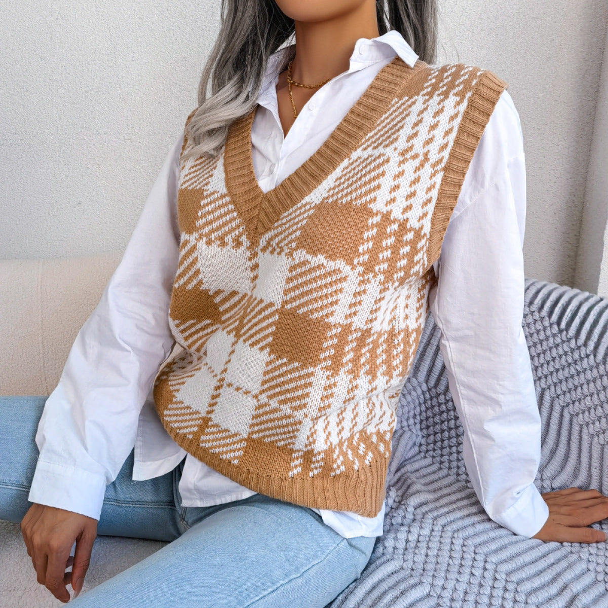 mocha plaid knit vest 