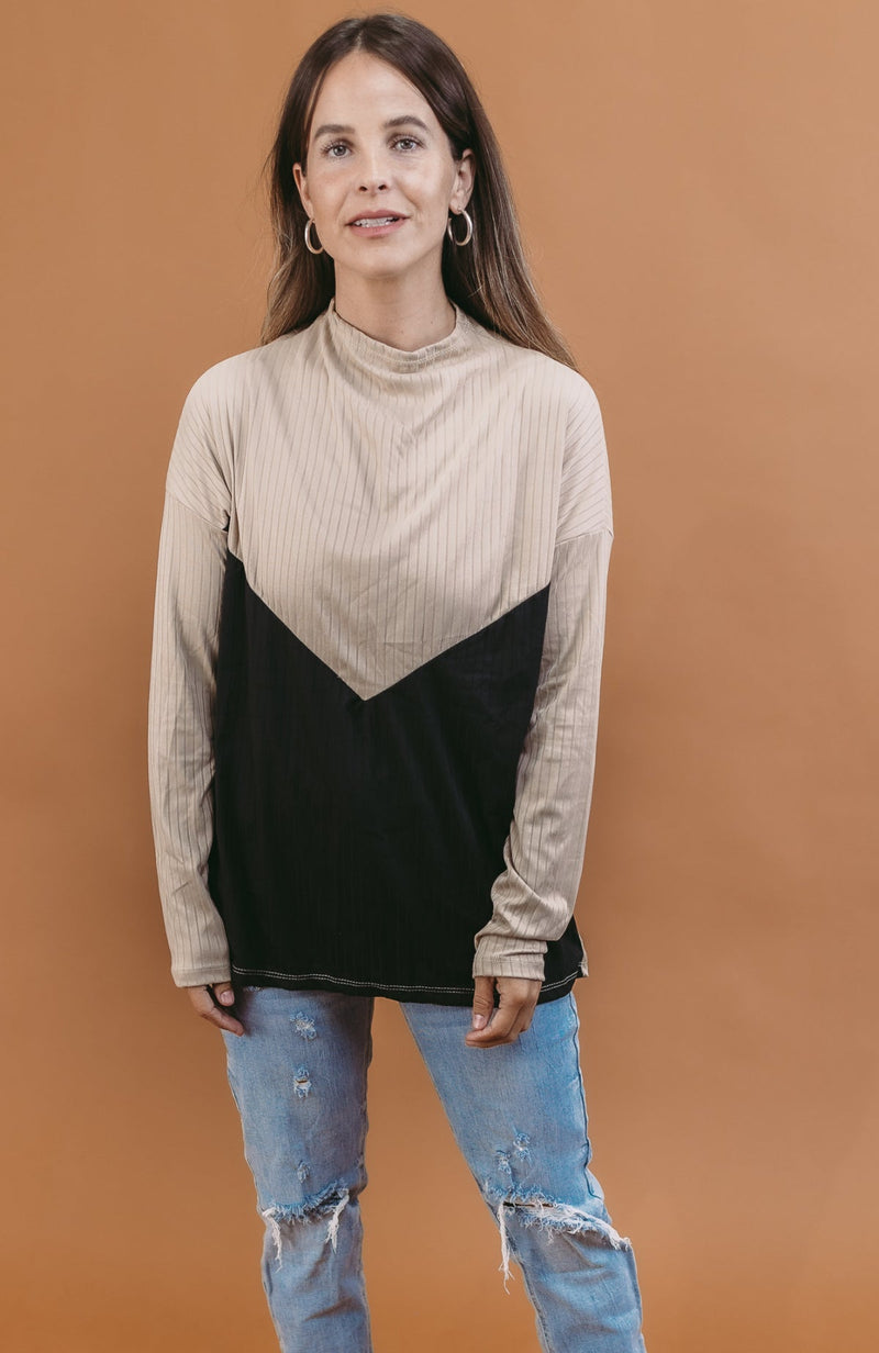 White Birch Colorblock Long Sleeve Solid Ribbed Knit Top