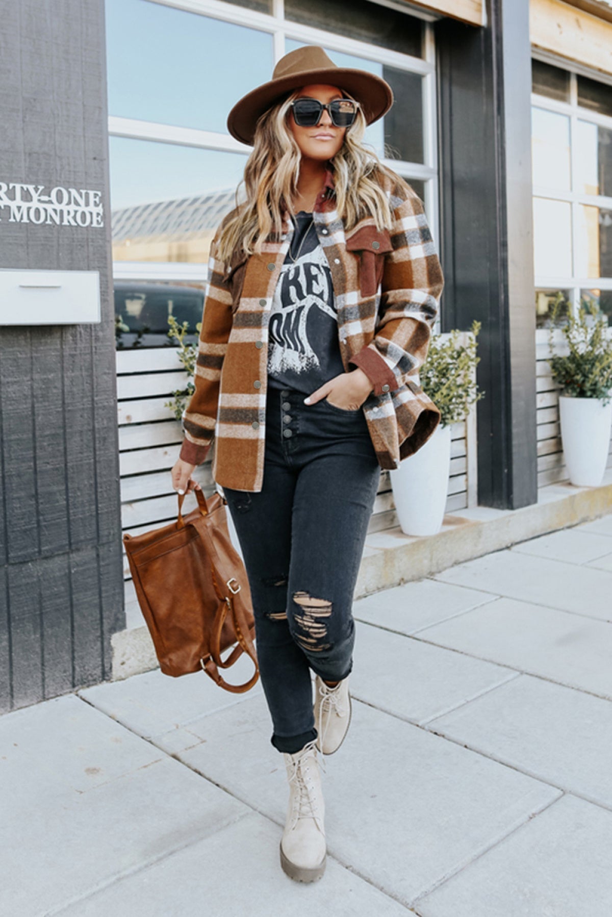 Brown Pocketed Buttoned Plaid Shirt Jacket