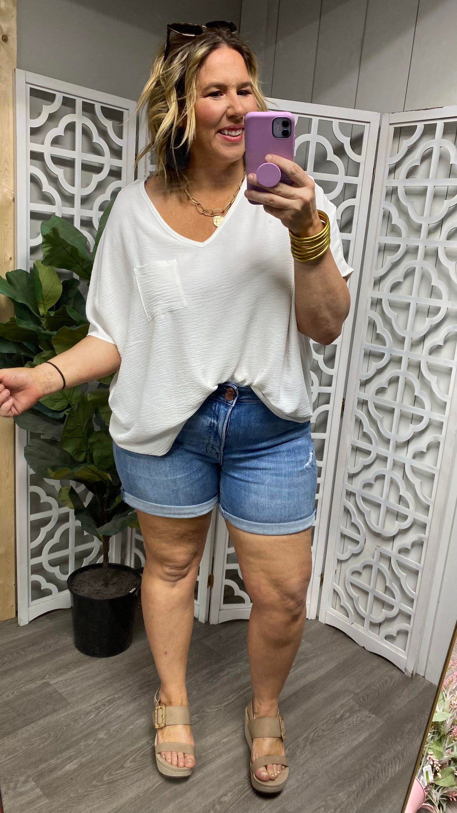 High Rise Double Button Cuffed Denim Shorts Vervet Curvy Girl