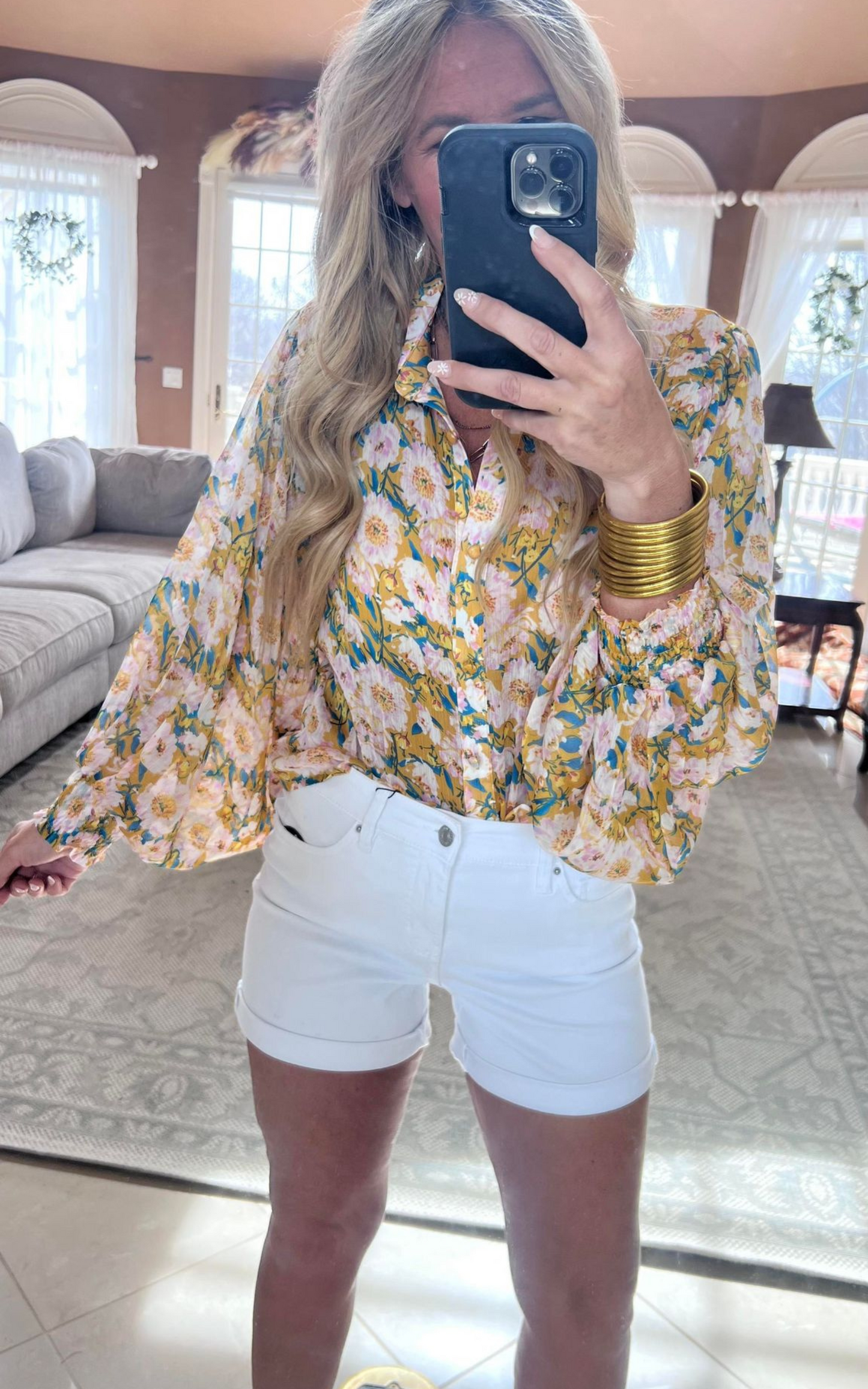 mustard floral long sleeve blouse 